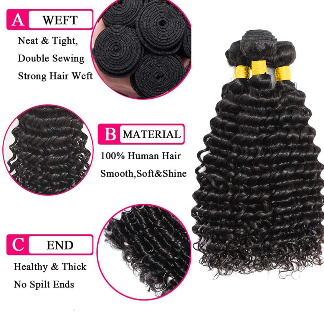 Human Hair Bundles with Closur - огляд і ціна Deep Wave 3 Bundles With Closure